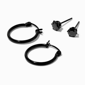 C LUXE by Claire&#39;s Black Titanium Cubic Zirconia 5MM Round Stud &amp; 14MM Hoop Earrings,