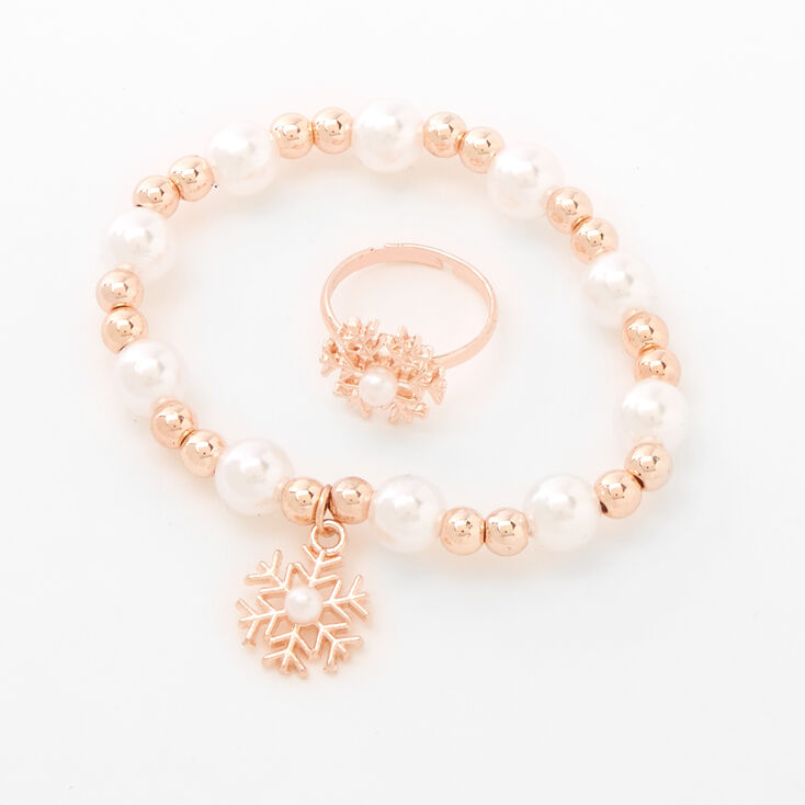 Claire&#39;s Club Holiday Snowflake Pearl Jewelry Set - Rose Gold,