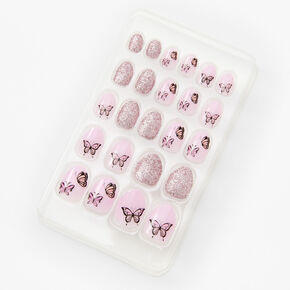 Glitter Pink Butterfly Round Vegan Press On Faux Nail Set - 24 Pack,