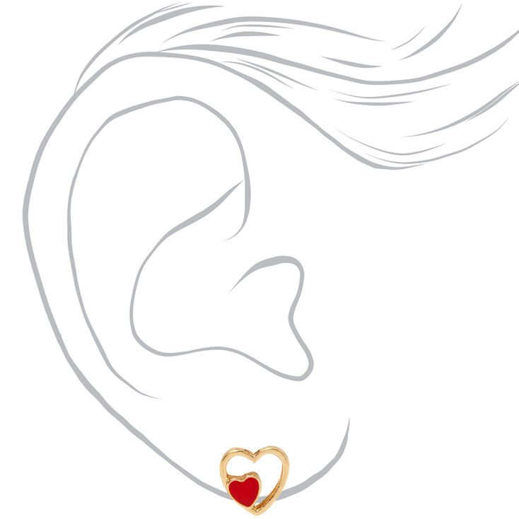 Gold Double Heart Stud Earrings - Red,