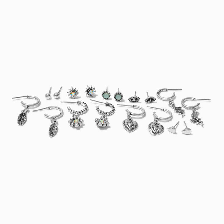 Burnished Silver-tone Mixed Earrings Set - 9 Pack,