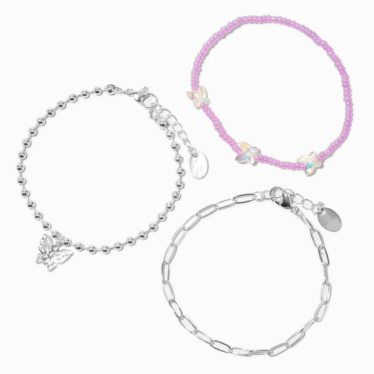 Silver Butterfly Purple Beads Bracelet Set &#40;3 Pack&#41;,