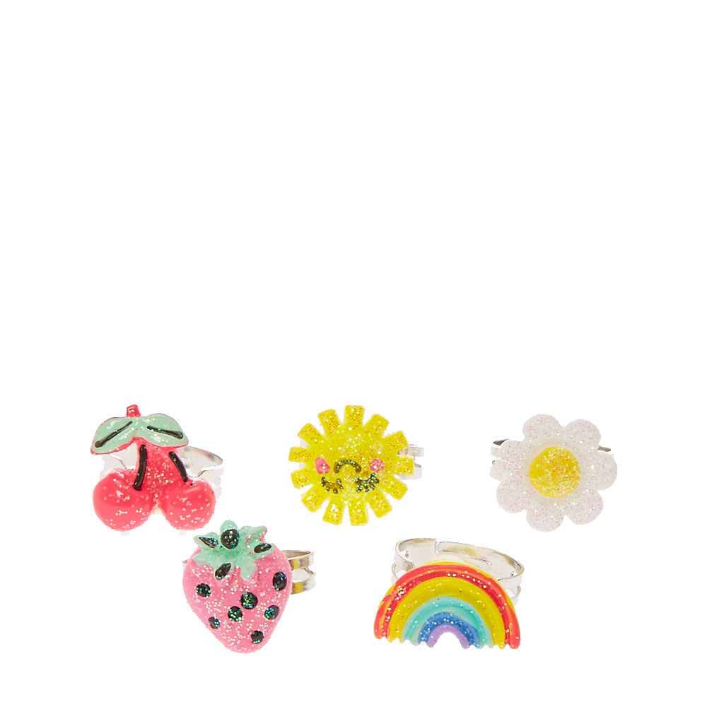 Claire's Club Glitter Summer Charm Rings - 5 Pack,