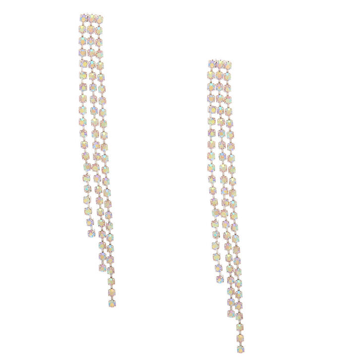 Silver-tone Iridescent Rhinestone 3&quot; Triple Chain Drop Earrings,