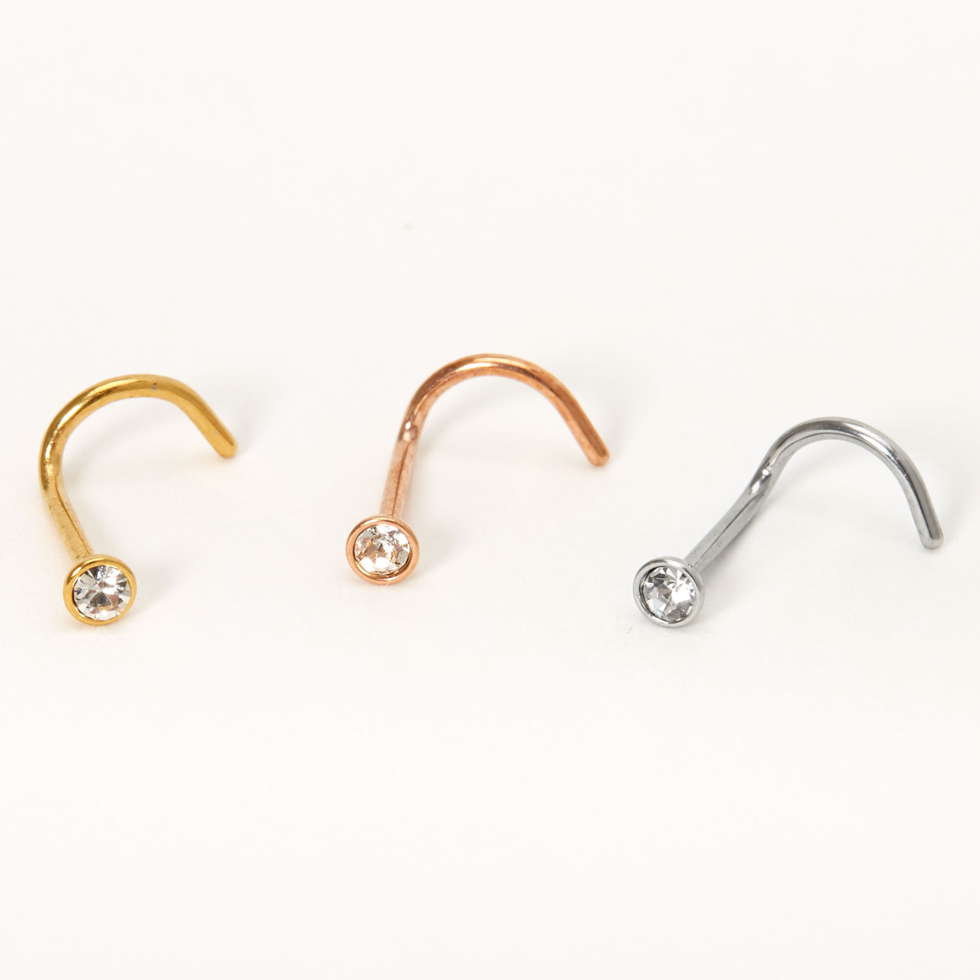 Mixed Metal 20G Classic Cubic Zirconia Nose Studs - 3 Pack,