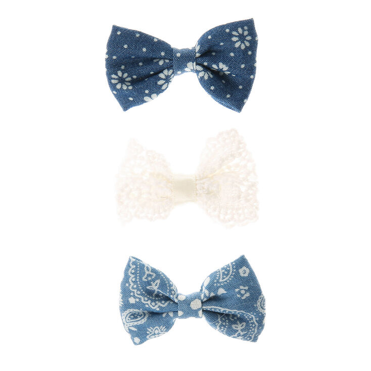 Floral Denim Mini Hair Bow Clips - Blue, 3 Pack,