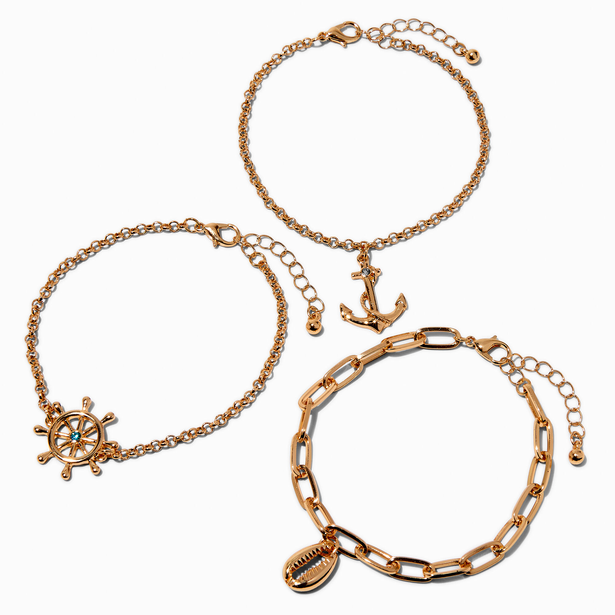 View Claires Tone Nautical Chain Bracelet Set 3 Pack Gold information