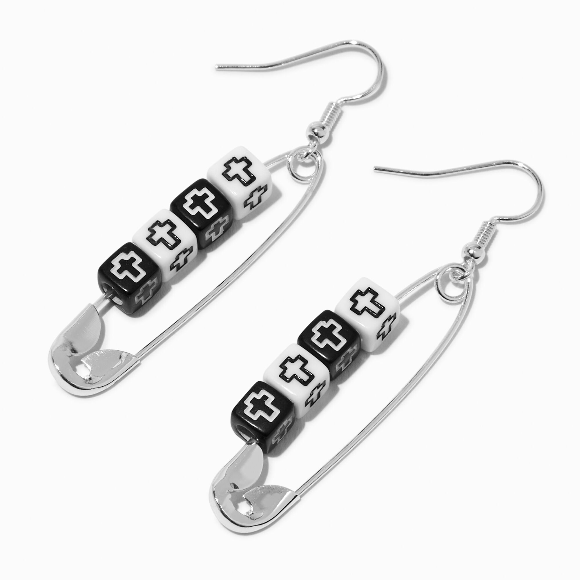 View Claires Cross Safety Pin 2 Drop Earrings White information