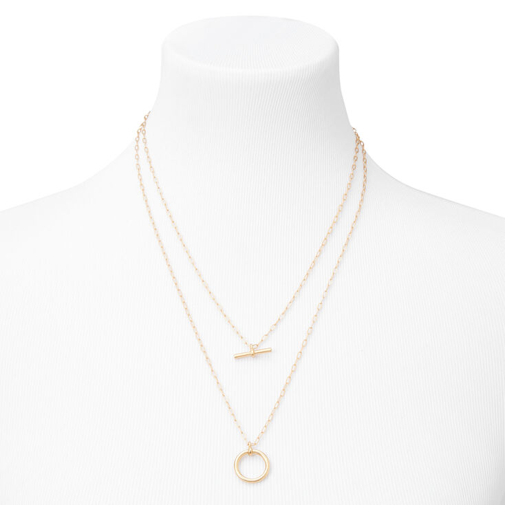 Gold Bar Circle Chain Multi Strand Necklace,