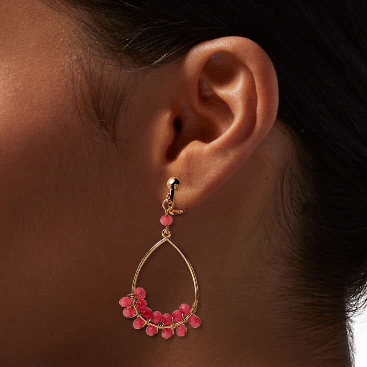 Pink Beaded Gold-tone Hoop Clip-On 1.5&quot; Drop Earrings,