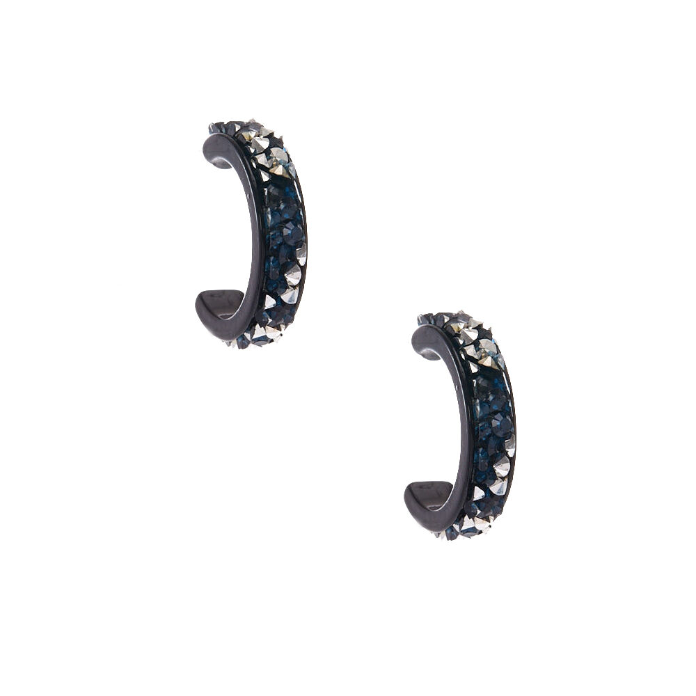 Faux Blue Silver Pave Stone Black Mini Half Hoop Earrings