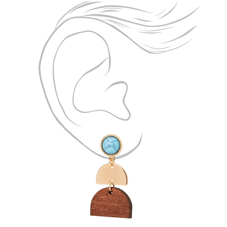 Gold 1.5&quot; Geometric Wooden Drop Earrings - Turquoise,