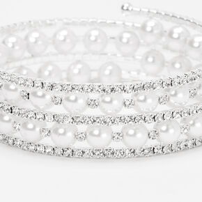 Bracelet double tour de poignet ornement&eacute; perles d&#39;imitation couleur argent&eacute;e,
