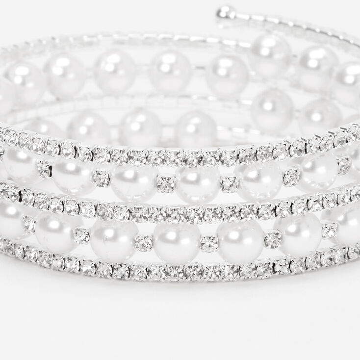 Silver Embellished Pearl Coil Wrap Bracelet,