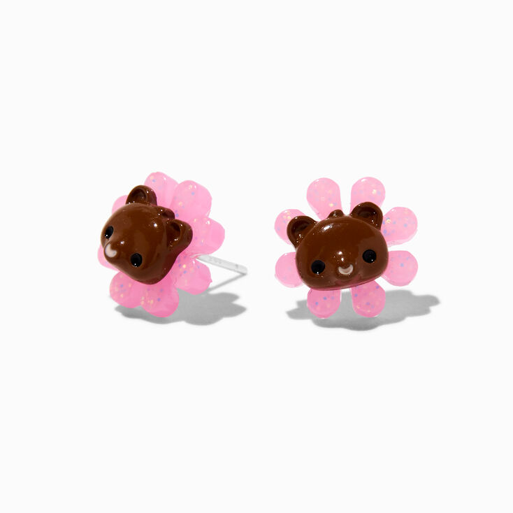 Clous d&#39;oreilles ours fleur rose phosphorescents avec tige couleur argent&eacute;e C LUXE by Claire&#39;s,