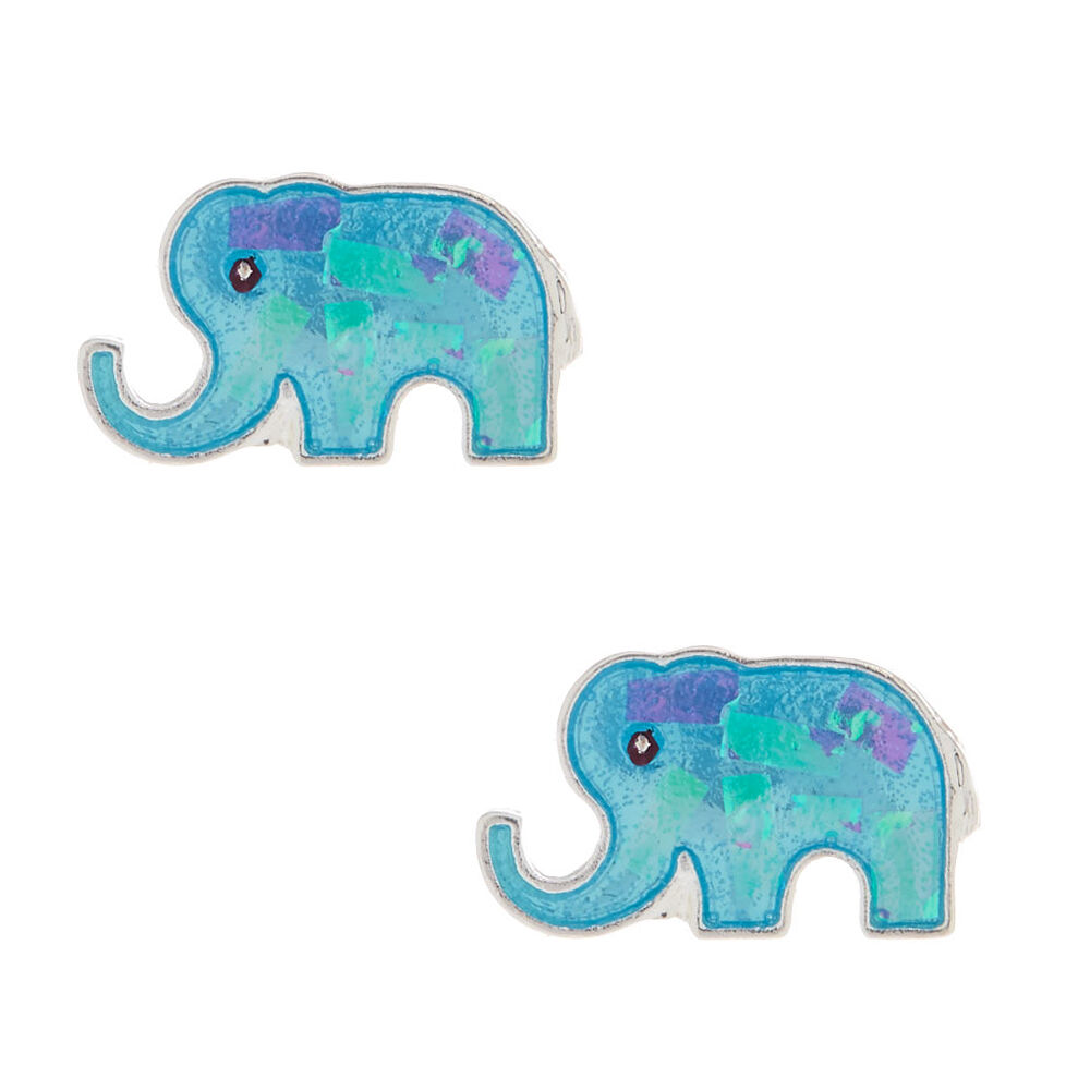 Blue Holographic Elephant Stud Earrings