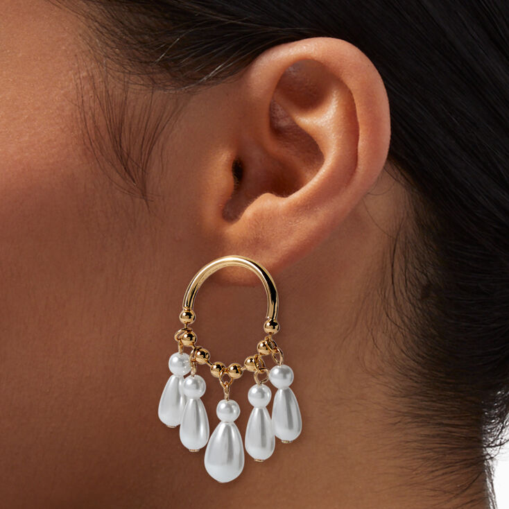 Gold-tone Pearl Cascade 2&quot; Drop Earrings ,