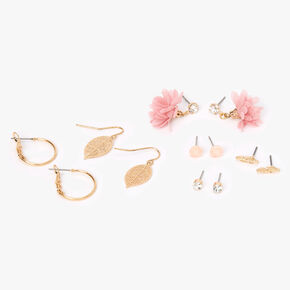 Pink Flower Gold-tone Leaf Mixed Earrings - 6 Pack,