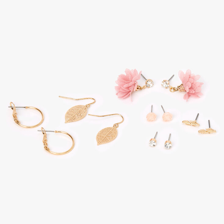 Pink Flower Gold-tone Leaf Mixed Earrings - 6 Pack,