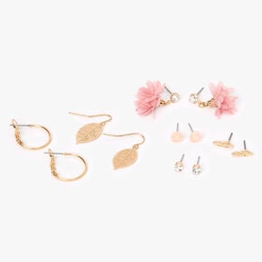 Gold Flower Leaf Mixed Earrings - Pink, 6 Pack,