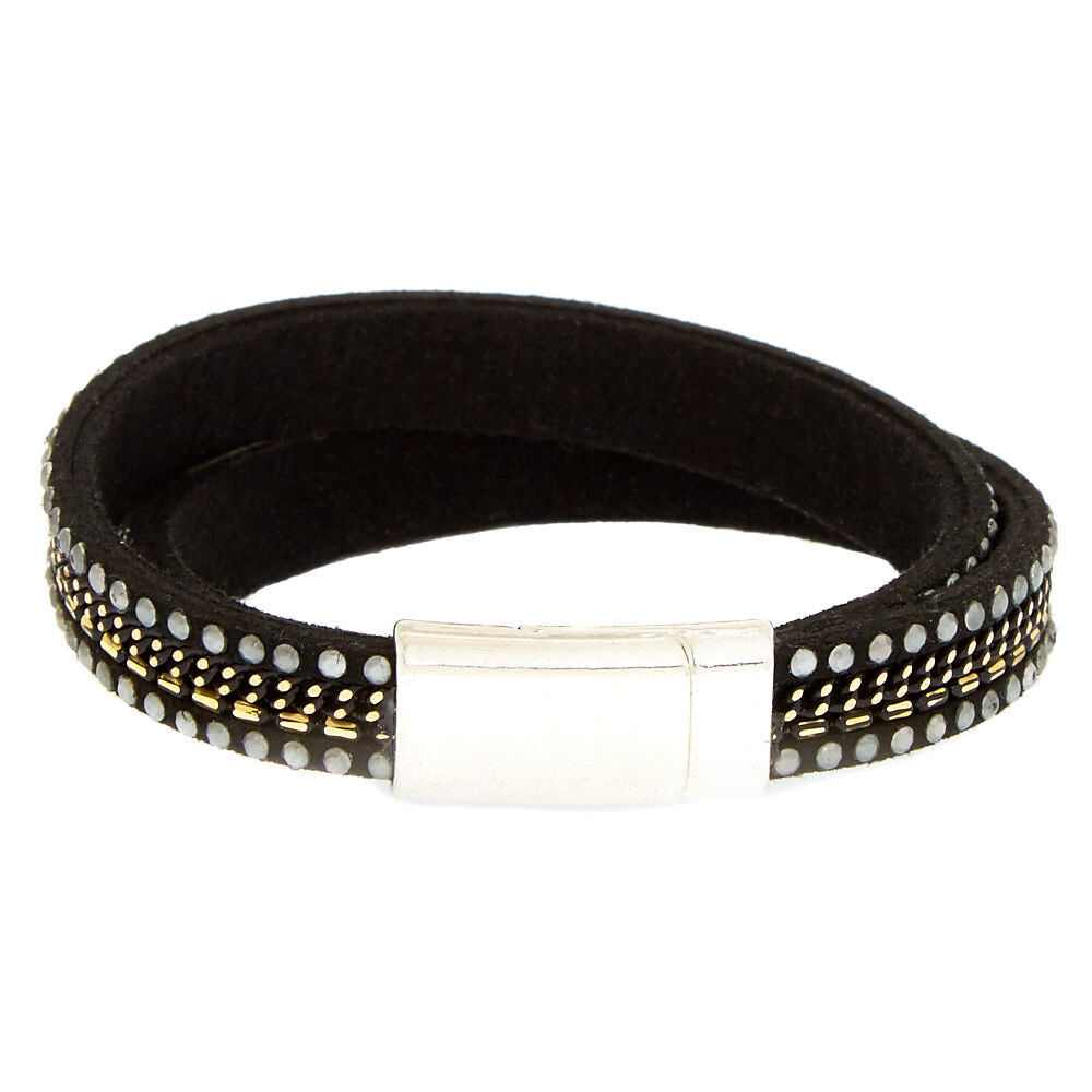 Bracelet double tour de poignet noir clouté,