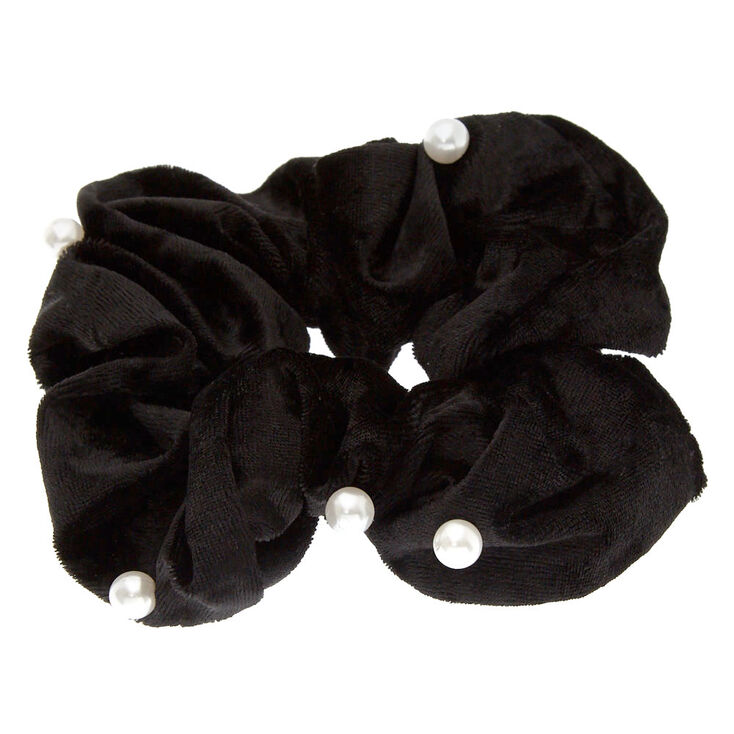 Medium Velvet Pearl Hair Scrunchie - Black,