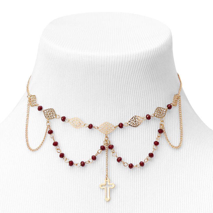 Cross Filigree Choker Necklace - Burgundy,