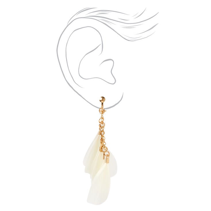 Gold 3&quot; Multi Feather Chain Clip On Drop Earrings,