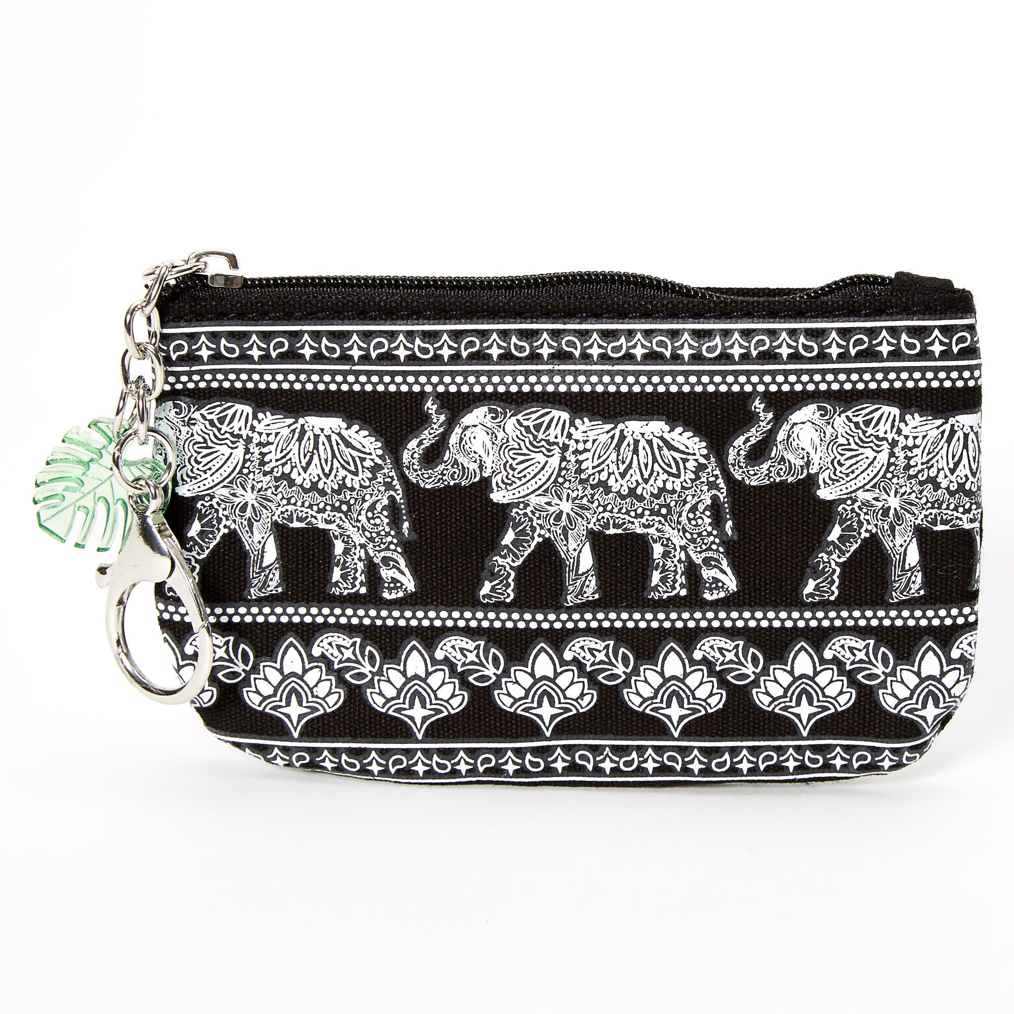 Black & purple small coin purse with zip to close and elephant pattern in gold 