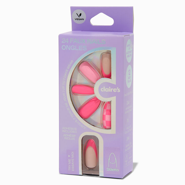Pink Checkered French Tip Stiletto Vegan Faux Nail Set - 24 Pack,