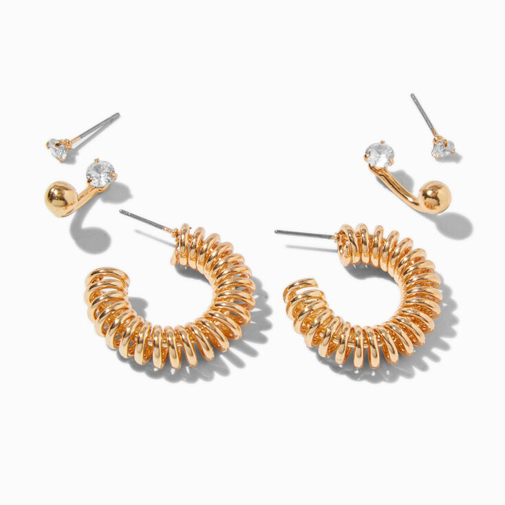 Boucles d&#39;oreilles devant-derri&egrave;re empilables en zircon cubique couleur dor&eacute;e - Lot de 3,