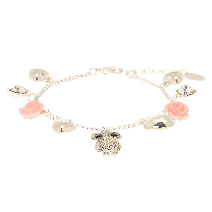 Silver Owl Rose Charm Bracelet - Pink,