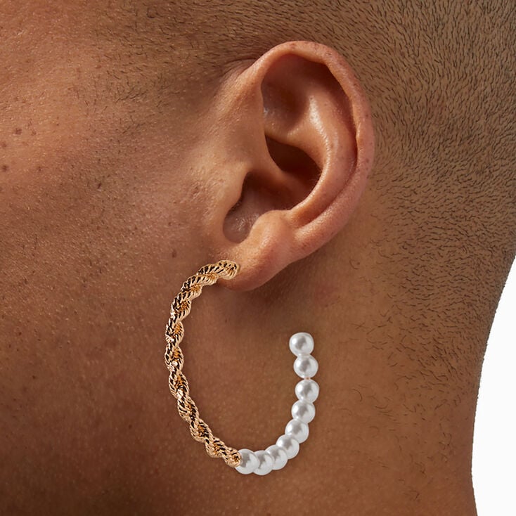 Gold-tone Twisted Pearl 50mm Hoop Earrings,