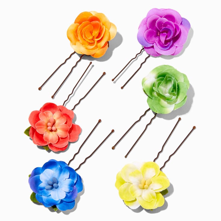 Rainbow Floral Black Hair Pins (6 pack)
