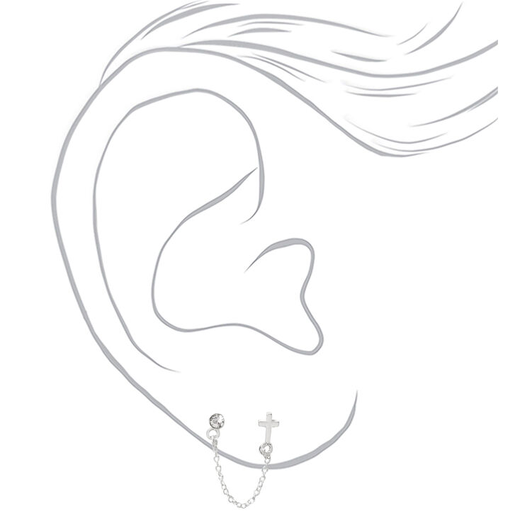 Silver Embellished Cross Connector Chain Stud Earrings,