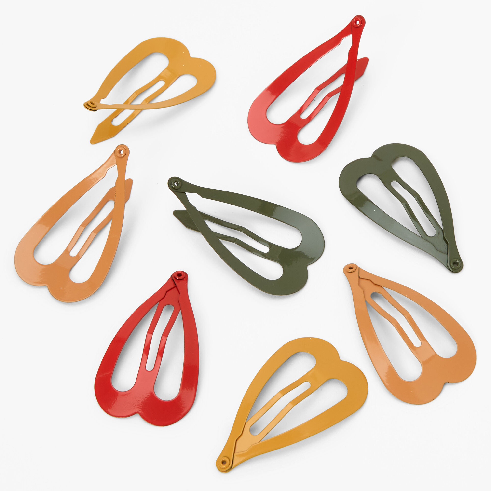 Barrettes clic clac cœur rouge, vert et jaune moutarde - Lot de 8,