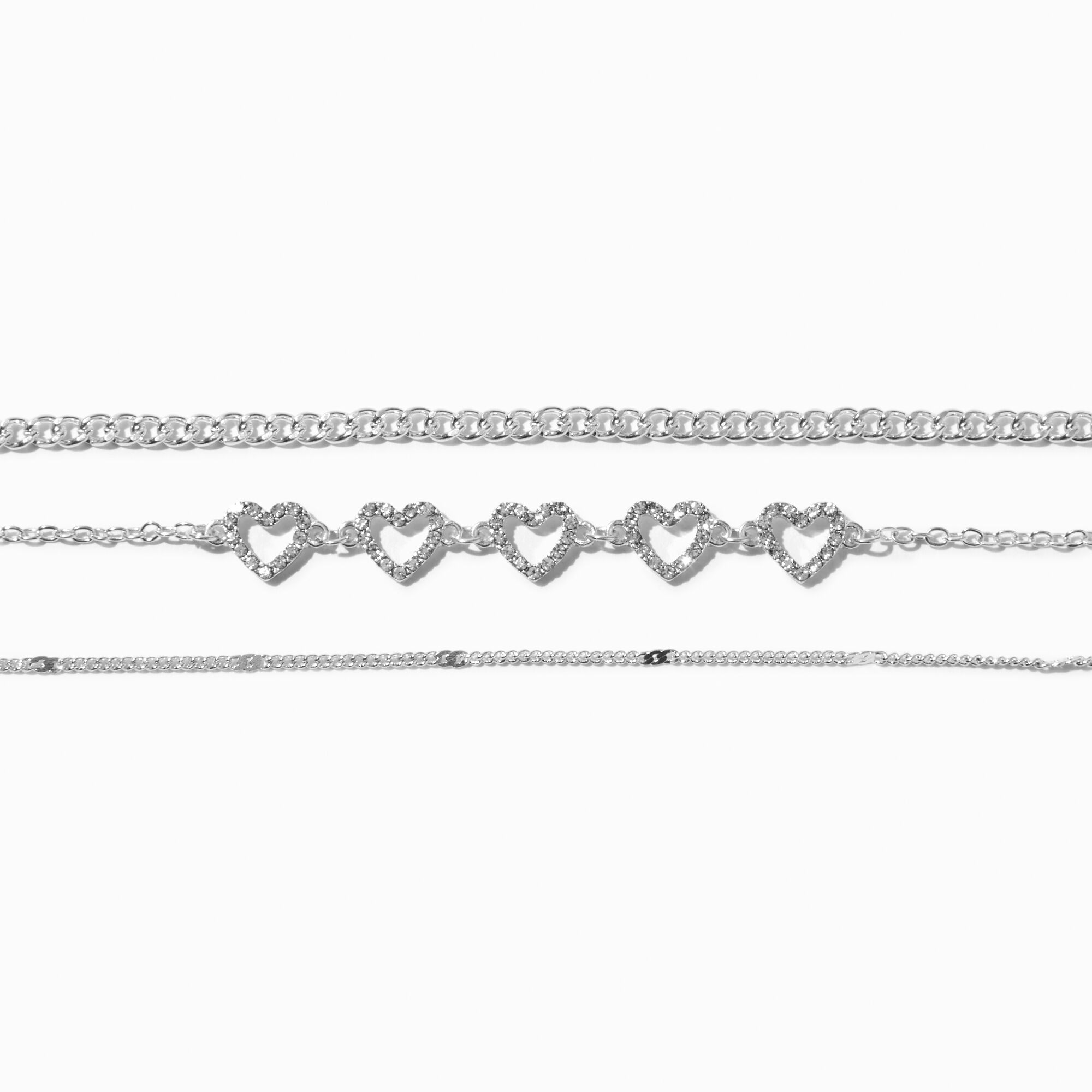 View Claires Tone Crystal Heart Choker Necklaces 3 Pack Silver information