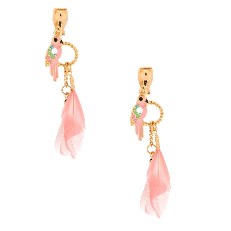 Gold 2&quot; Parrot Feather Clip On Drop Earrings - Pink,