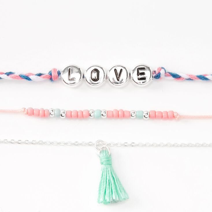 Claire's Bracelets mixtes à pompon « Love » rose et vert menthe - Lot de 3