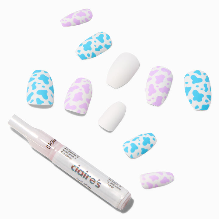 Pink &amp; Blue Cow Spots Coffin Vegan Faux Nail Set - 24 Pack,