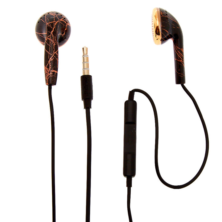 Metallic Rose Gold Marble Earbuds - Black,