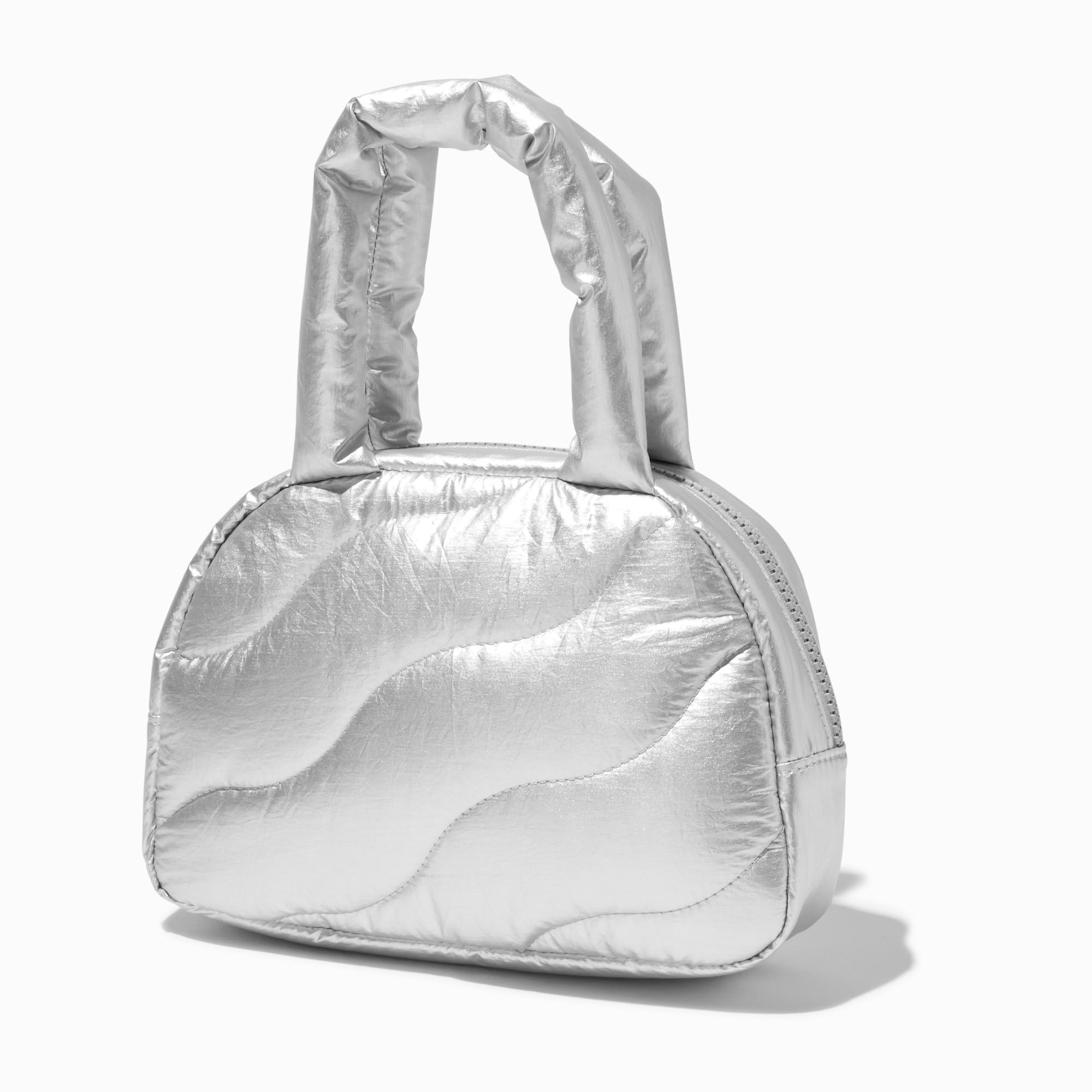 Silver Puffy Nylon Shoulder Bag,
