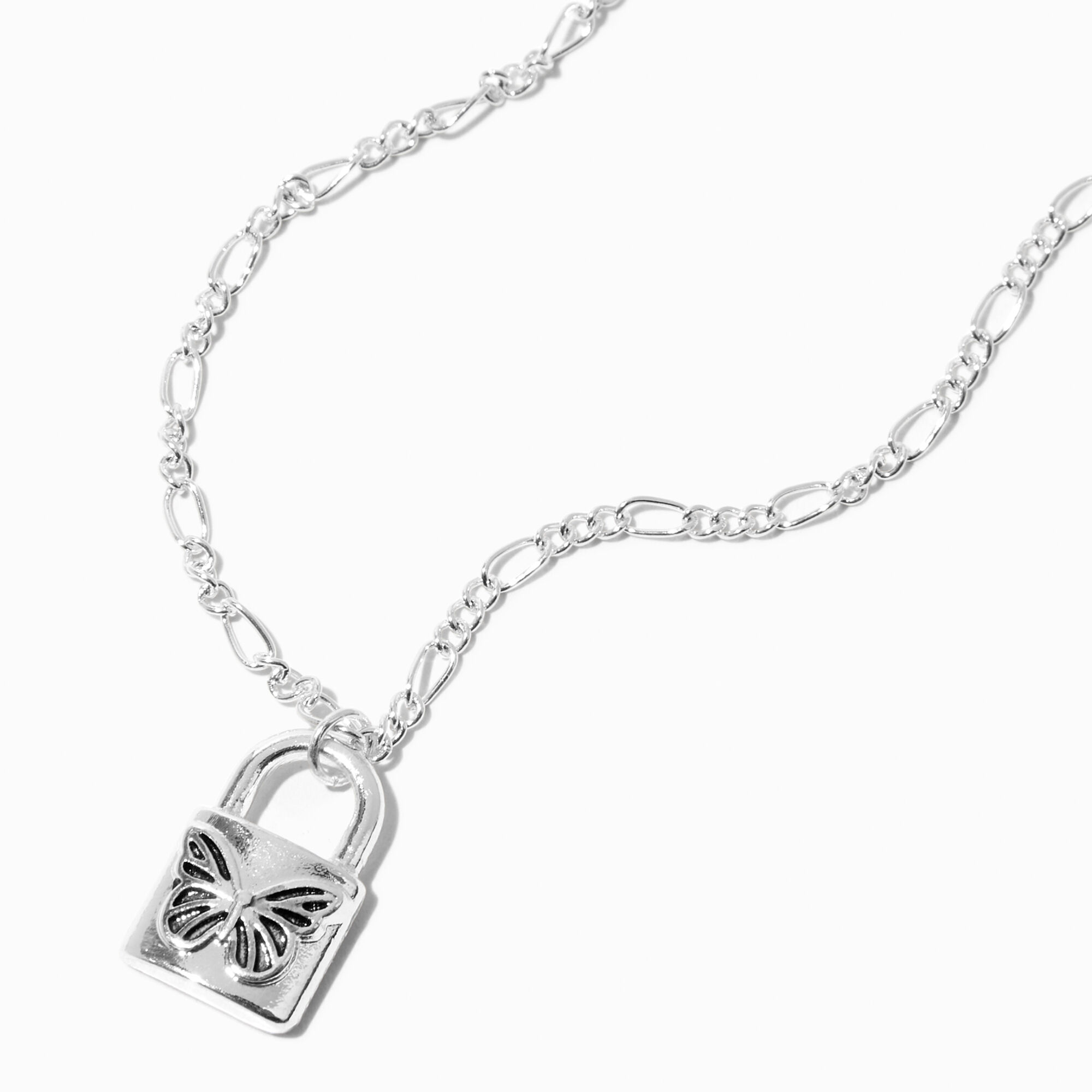 View Claires Tone Butterfly Padlock Pendant Necklace Silver information