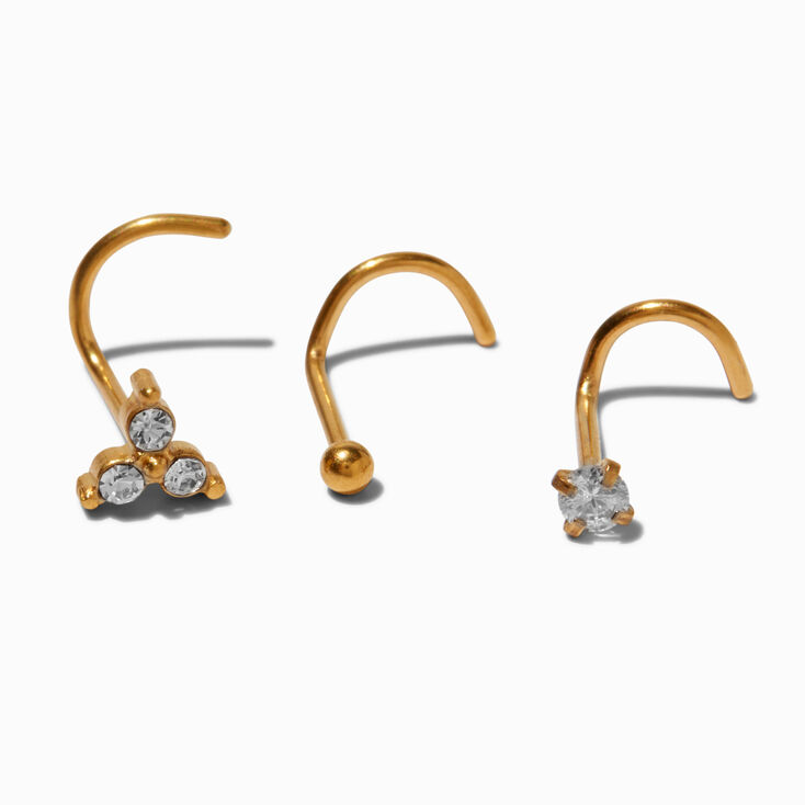 20G Gold-tone Titanium Cubic Zirconia Geometric Nose Studs - 3 Pack,