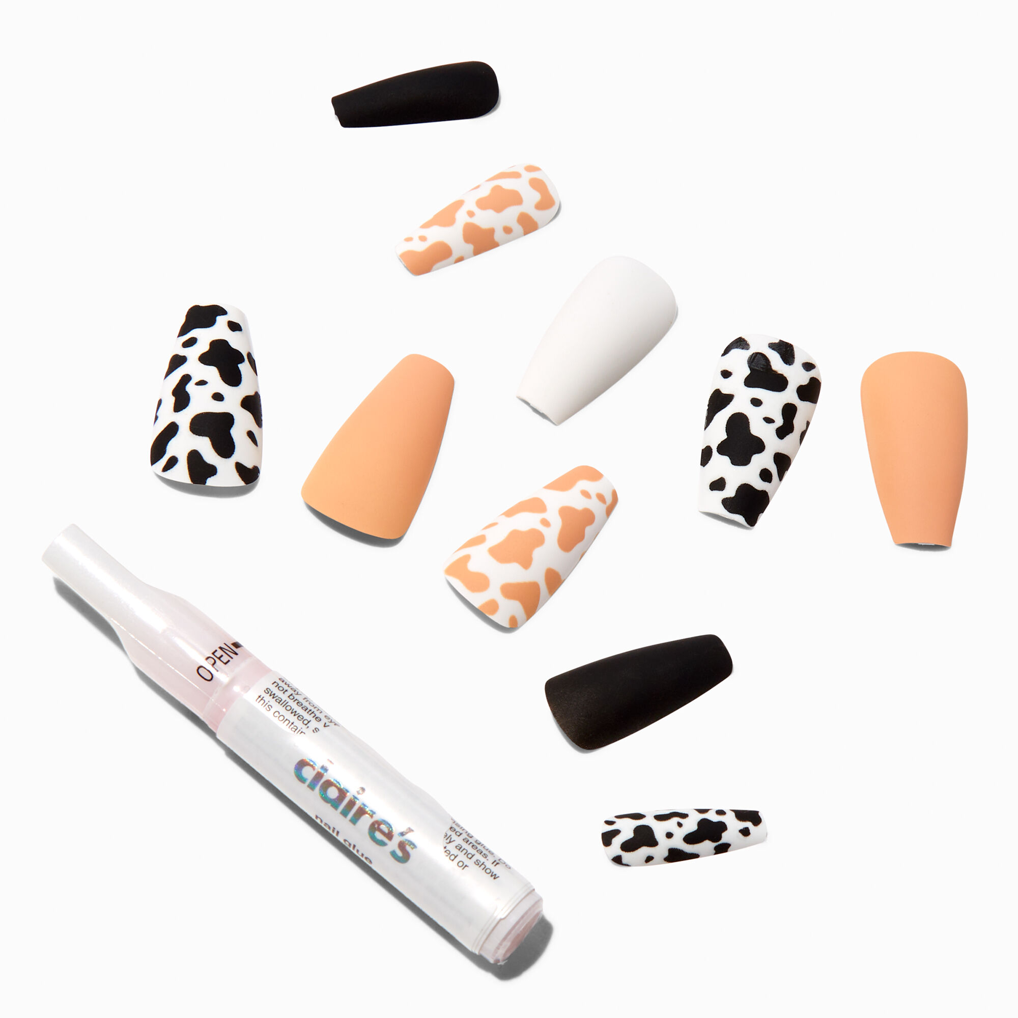 View Claires Nude Cow Print Squareletto Vegan Faux Nail Set 24 Pack information