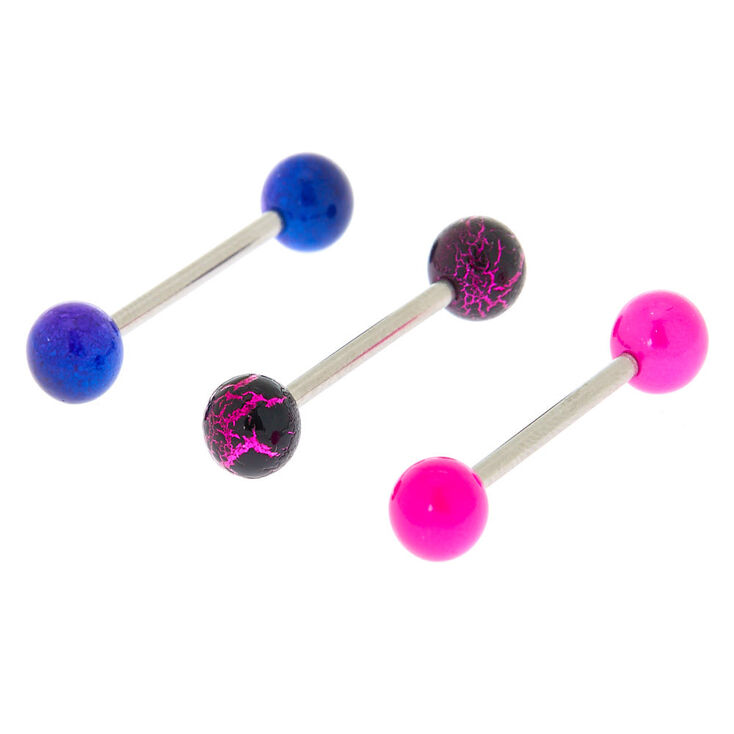 Silver 14G Metallic Barbell Tongue Rings - 3 Pack,
