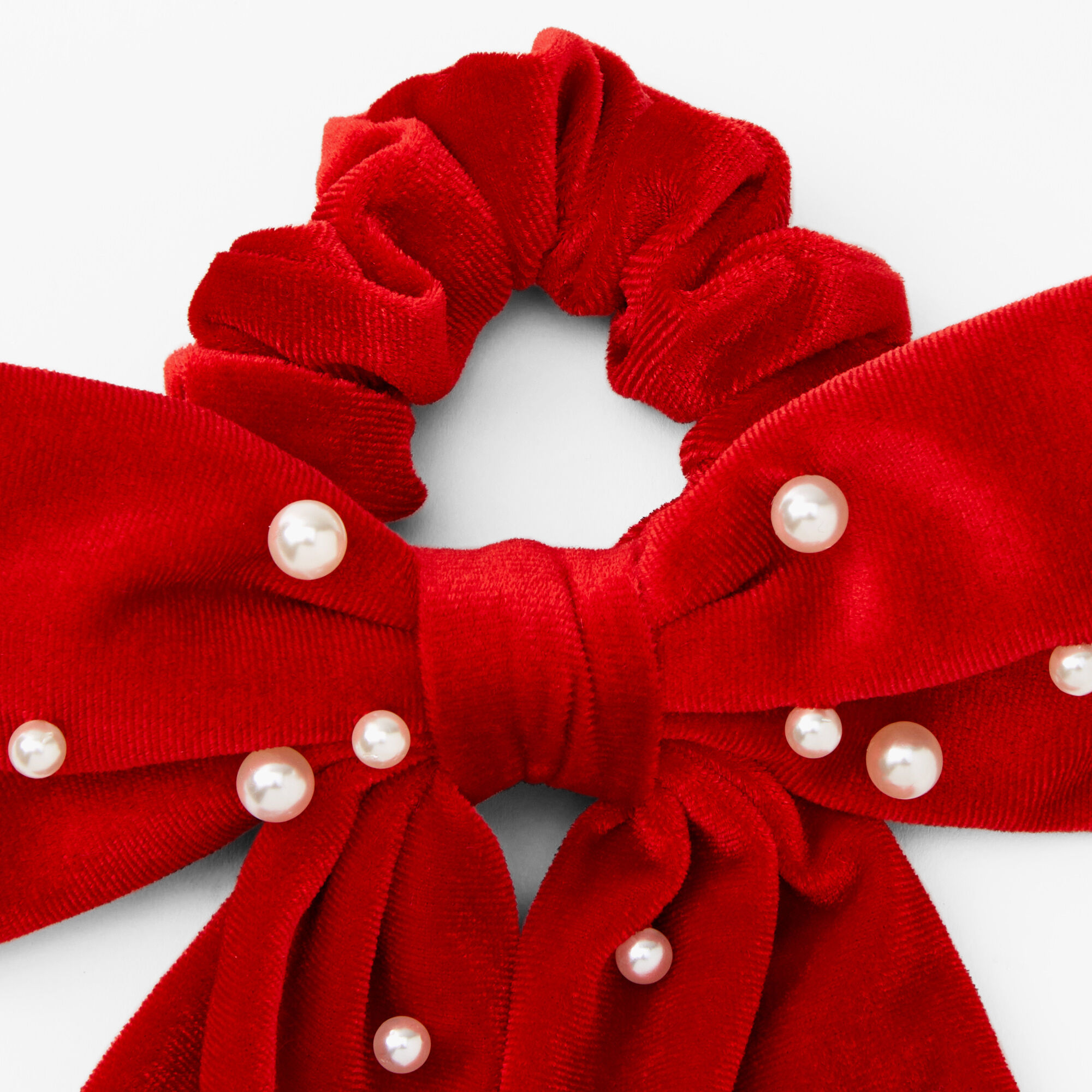 Pearl Studded Bow Hair Scrunchie - Red,