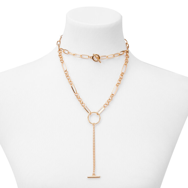 Gold Circle Bar Multi Strand Chain Necklace,