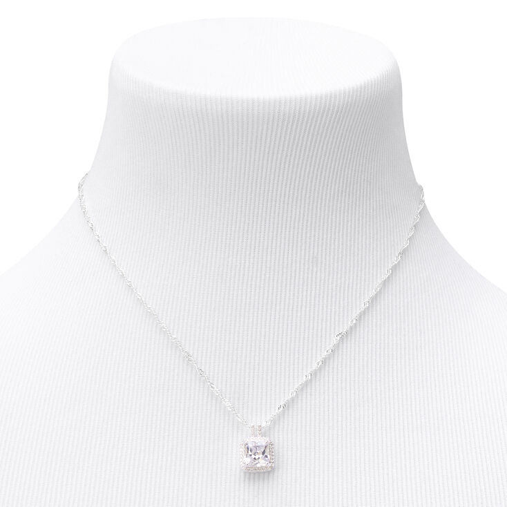 Silver-tone Cubic Zirconia Square Halo Pendant Necklace,