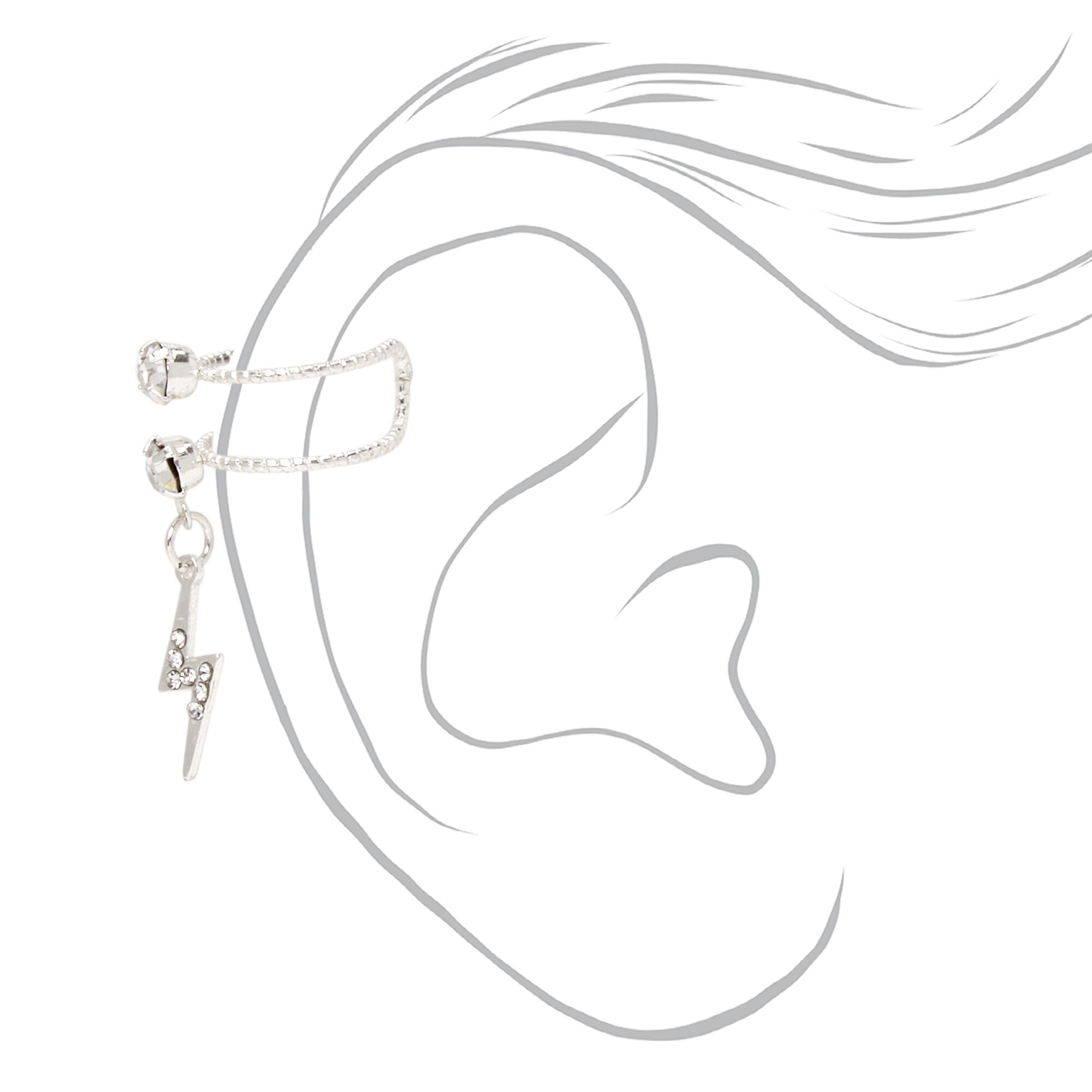 Silver Crystal Lightning Bolt Ear Cuff Earring,